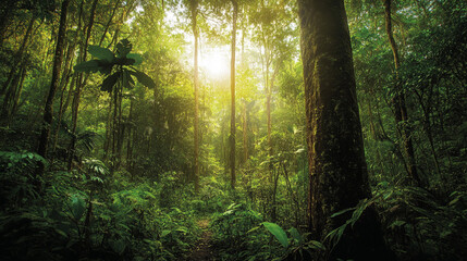 Naklejka premium The lush green forest is teeming with diverse wildlife and towering ancient trees.