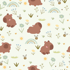 Seamless pattern with cute capybaras, bees, and flowers, vector illustration, for kids.	
