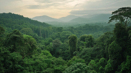 Fototapeta premium The lush green forest is teeming with diverse wildlife and towering ancient trees.