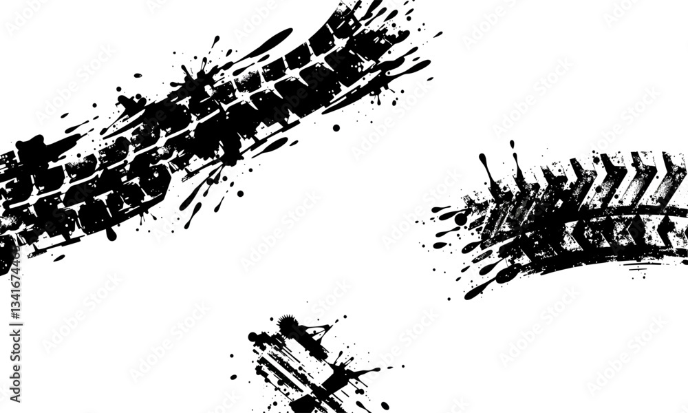 Aufkleber tire tracks create dynamic patterns on surface, showcasing texture and design of tread. splashes add