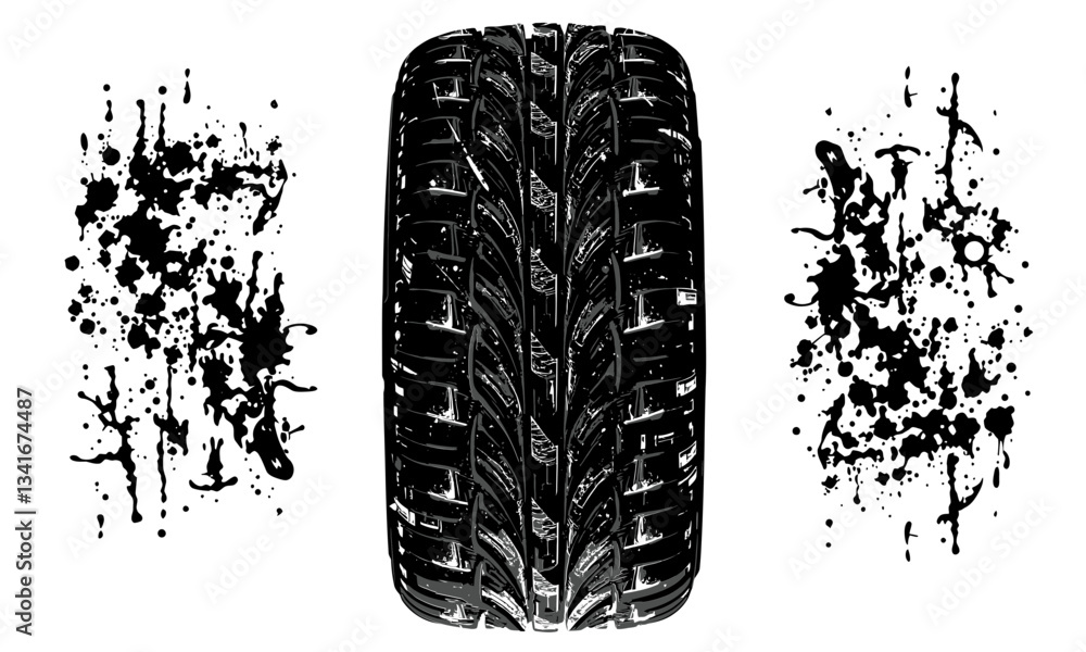 Poster close up view of tire showcasing its intricate texture and tread pattern, surrounded by splashes of 