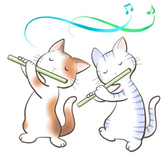 ネコがフルートでデュエットをしているイラスト © magomame