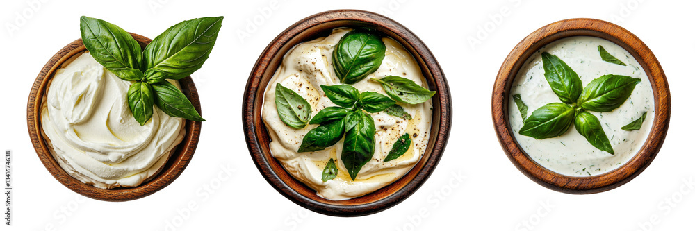 Poster a transparent background isolates a wooden bowl filled with creamy yogurt, an image generated by gen