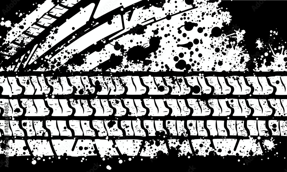 Poster tire texture with splatter effects creates dynamic and artistic representation of tread patterns, sh