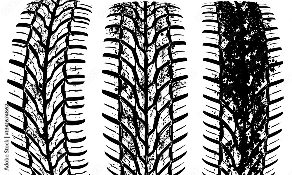Poster tire texture showcases three distinct tire patterns, highlighting wear and tread depth variations. i