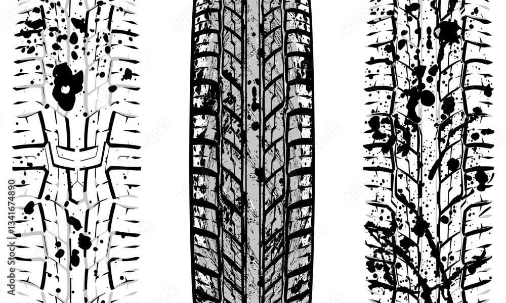 Poster tire texture showcases three distinct tread patterns, highlighting intricate designs and wear on rub