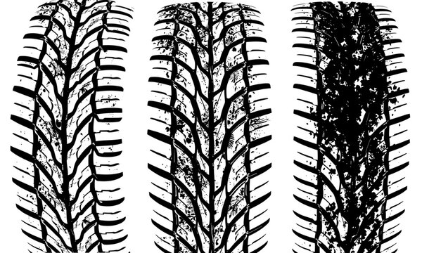 Tire texture showcases three distinct tire patterns, highlighting wear and tread depth variations. image evokes sense of durability and performance in automotive design
