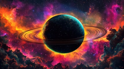 Obraz premium A giant celestial planet silhouette with orbiting rings and shooting stars, framed