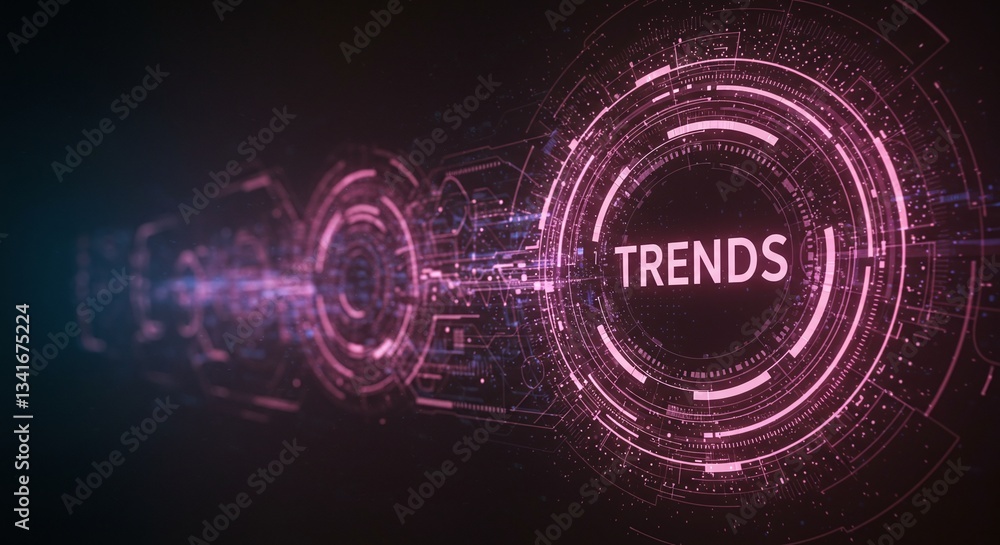 Poster digital trends visualization: futuristic digital interface highlights the word 