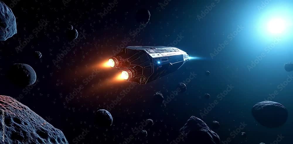 Poster spaceship navigating through asteroid field in deep space