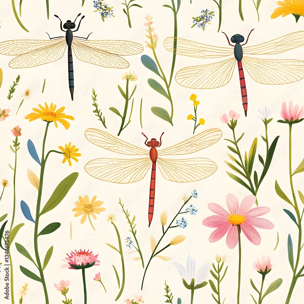 Poster a repeating pattern of delicate dragonflies with transparent wings hovering over wildflowers.