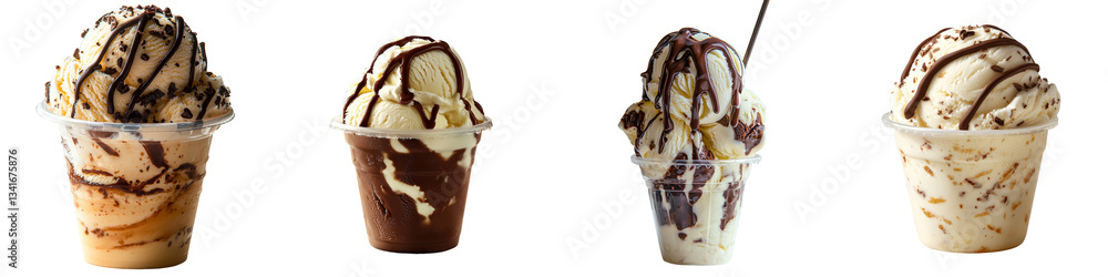 Aufkleber isolated on a transparent background is a swirl of creamy vanilla soft serve ice cream in a plastic 