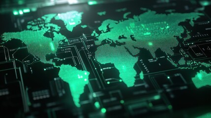 Fototapeta premium A global cybersecurity concept featuring a digital world map, illuminated with neon green firewalls and encrypted pathways