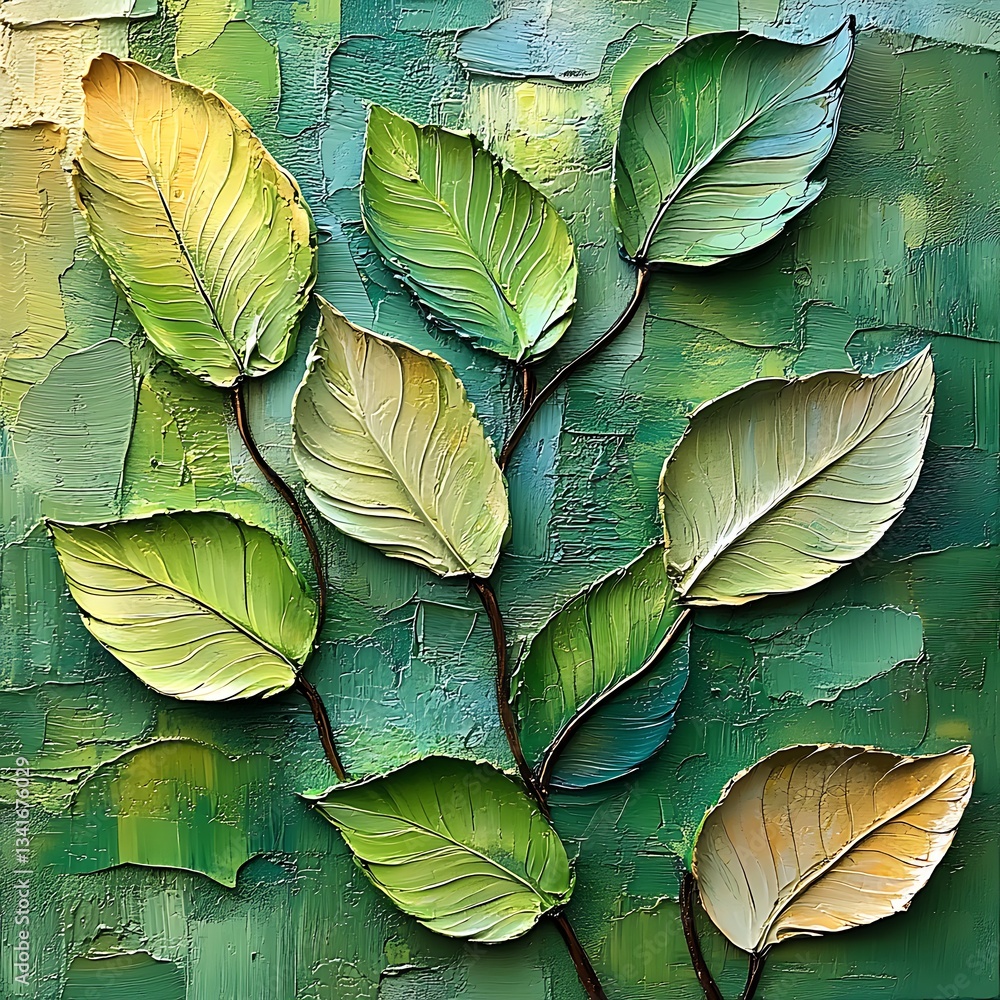 Poster abstract painting of green leaves with visible brush strokes and texture effect in close view