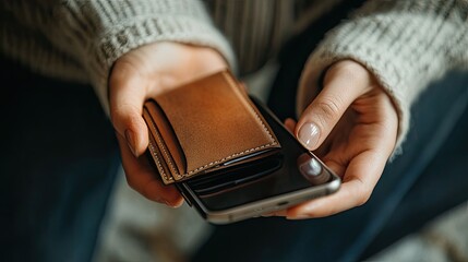 Fototapeta premium Stylish Hands Holding Smartphone with Leather Wallet and Card Case