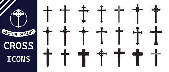 Fototapeta premium set of metallic Christian cross icon on white background.