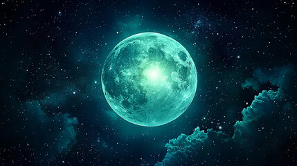 Obraz premium A luminous turquoise moon illuminating a starry night sky with ethereal clouds drifting