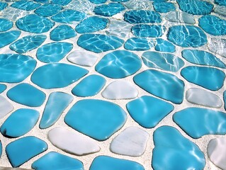 Water reflects on blue, white pool pebbles for relaxation