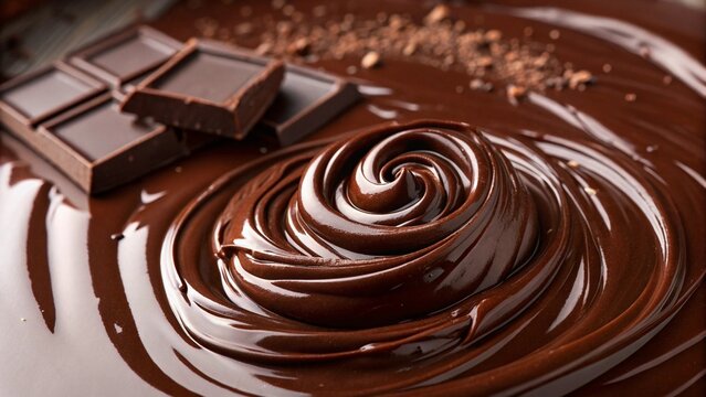 Swirl of rich, dark chocolate fudge icing, close-up.

