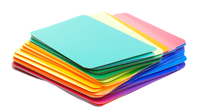 Stack of colorful rounded corner cards displayed on black background