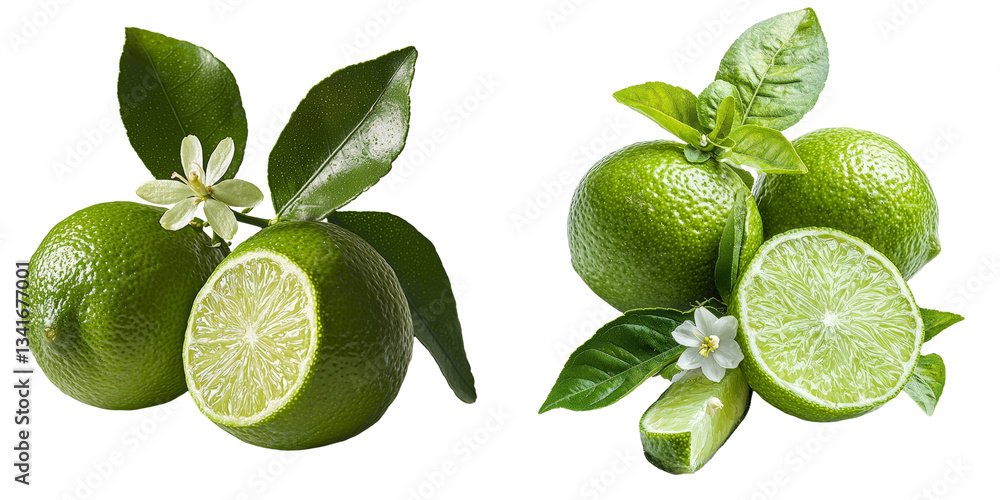 Poster On a transparent background, Generative Ai has isolated a fresh green lime that includes a leaf