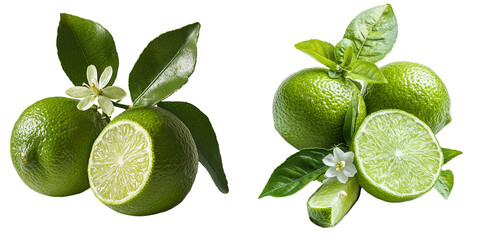 On a transparent background, Generative Ai has isolated a fresh green lime that includes a leaf