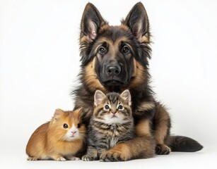 fluffy German Shepherd sits proudly with a playful kitten and a curious guinea pig on a white backdrop