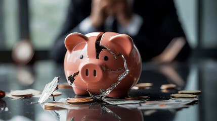 Broken piggy bank with scattered money shows financial crisis debt loss cash life coins table image