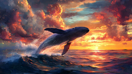 A majestic whale breaches the ocean surface at sunrise, casting a dramatic silhouette against a fiery sky filled with glowing orange and pink clouds.

