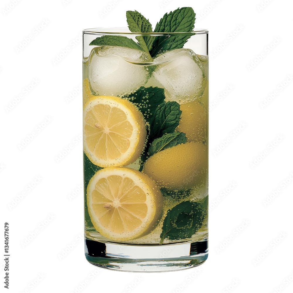 Poster The image of a lemon and mint cocktail in a tall glass, isolated on a transparent background, was generated using Generative Ai