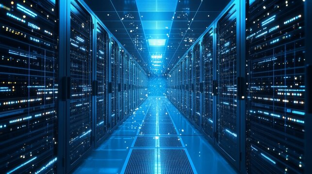 Exploring a modern data center technology hub gigapixel content server environment aerial view cutting-edge infrastructure