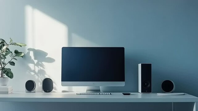 Modern Minimalist Home Office Setup with iMac, Speakers, and Plant