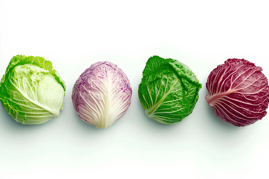 A vibrant top view of fresh green and red cabbage, showcasing their rich colors and crisp texture against a clean white background. The natural beauty of the cabbages makes for a striking, healthy ima