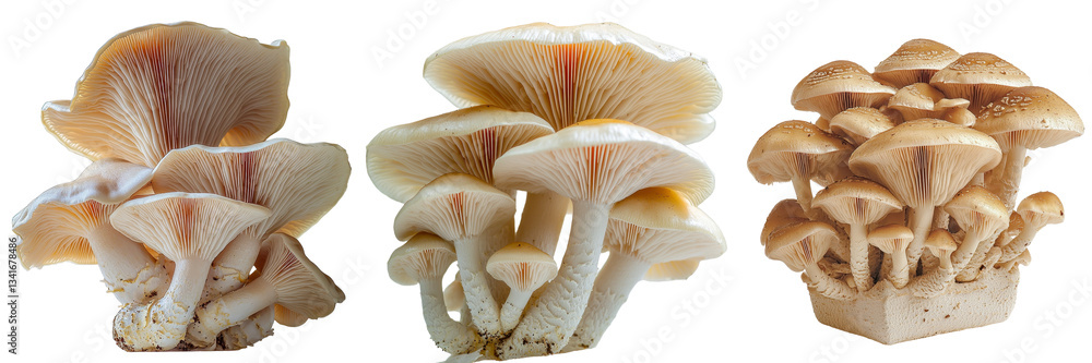 Poster Isolated on a transparent background, an image of oyster mushrooms is the product of Generative Ai