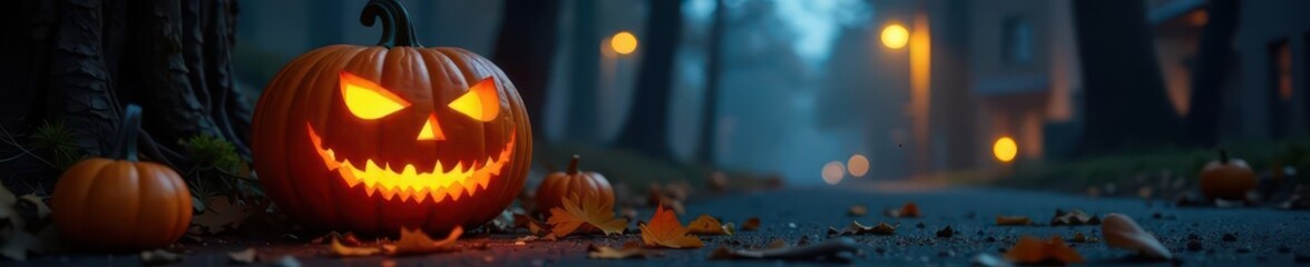 Obraz premium Menacing jack-o'-lantern, vibrant orange, Halloween night, shadows, illustration, scary