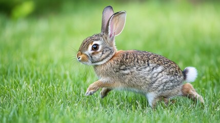 Fototapeta premium A wild rabbit hopping through a field of fresh green grass