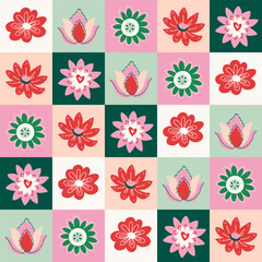 A seamless checkered pattern featuring colorful floral motifs in red, pink, green, and beige. Perfect for textiles, wallpapers, and decorative designs.