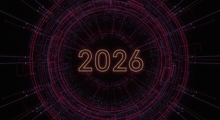 Technological Era: 2026: The year "2026" glows amidst a futuristic, digital interface, rendered with neon-like circles and lines.