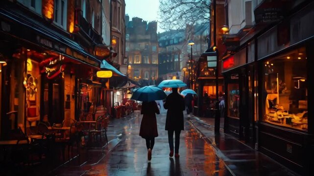 Two women walking down a wet city street, each holding an umbrella. The street is lined with shops and restaurants, and the rain adds a sense of melancholy to the scene