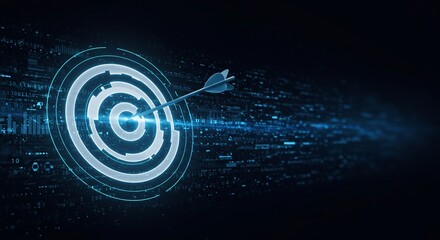 Fototapeta premium Hit the bullseye. Virtual digital target with arrow in the center. Abstract futuristic illustration with dark blue modern tech background.