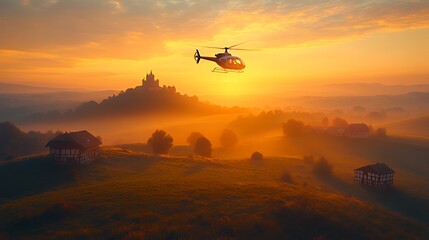 Helicopter Flying Over Misty Fields at Sunrise with Beautiful Landscape