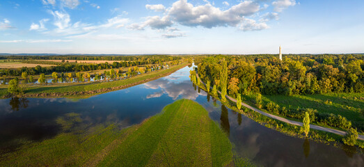 Sunset landscape panoramic drone aerial view autumn river Dyje sun trees meadow water reflection...