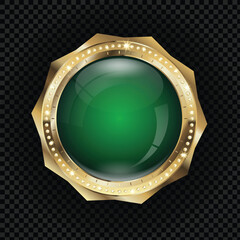 Obraz premium Luxury golden badge template with green centre, gold elements and diamonds, vector (EPS) illustration with free space on transparent background