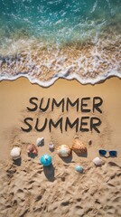 Beach scene with the word "SUMMER" in the sand, surrounded by seashells, coconuts, sunglasses, and other summer elements. A vibrant and tropical concept evoking vacation, relaxation, and warm weather