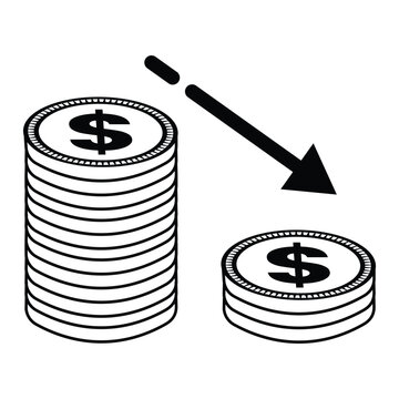Cost reduction icon. Stock down. Money decreasing value icon with arrow graph illustration.