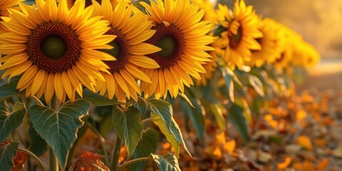 Obraz premium Sunflowers fading, autumn leaves scattered around their base, warm light, plant, detail
