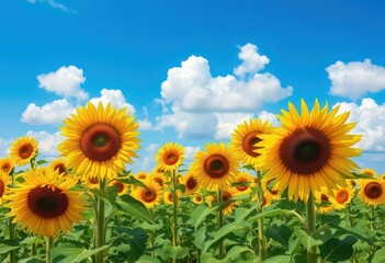 Obraz premium Vast sunflower field under a vibrant blue sky dotted with fluffy white clouds, bright, peaceful