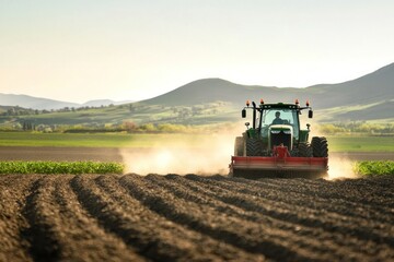 Fototapeta premium Tractor Cultivating Soil in Agricultural Field with Dust Clouds Under Clear Sky and Mountains