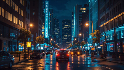Obraz premium Cars driving on wet street at night in urban city center