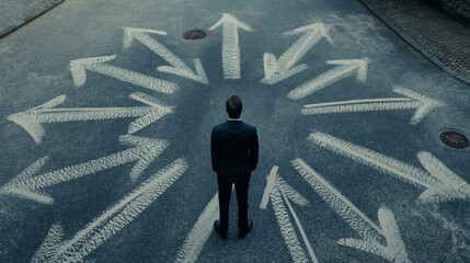 Choosing future profession. Businessman standing in front of drawn signs on asphalt, top view. Arrows pointing in different directions as diversity of opportunities 